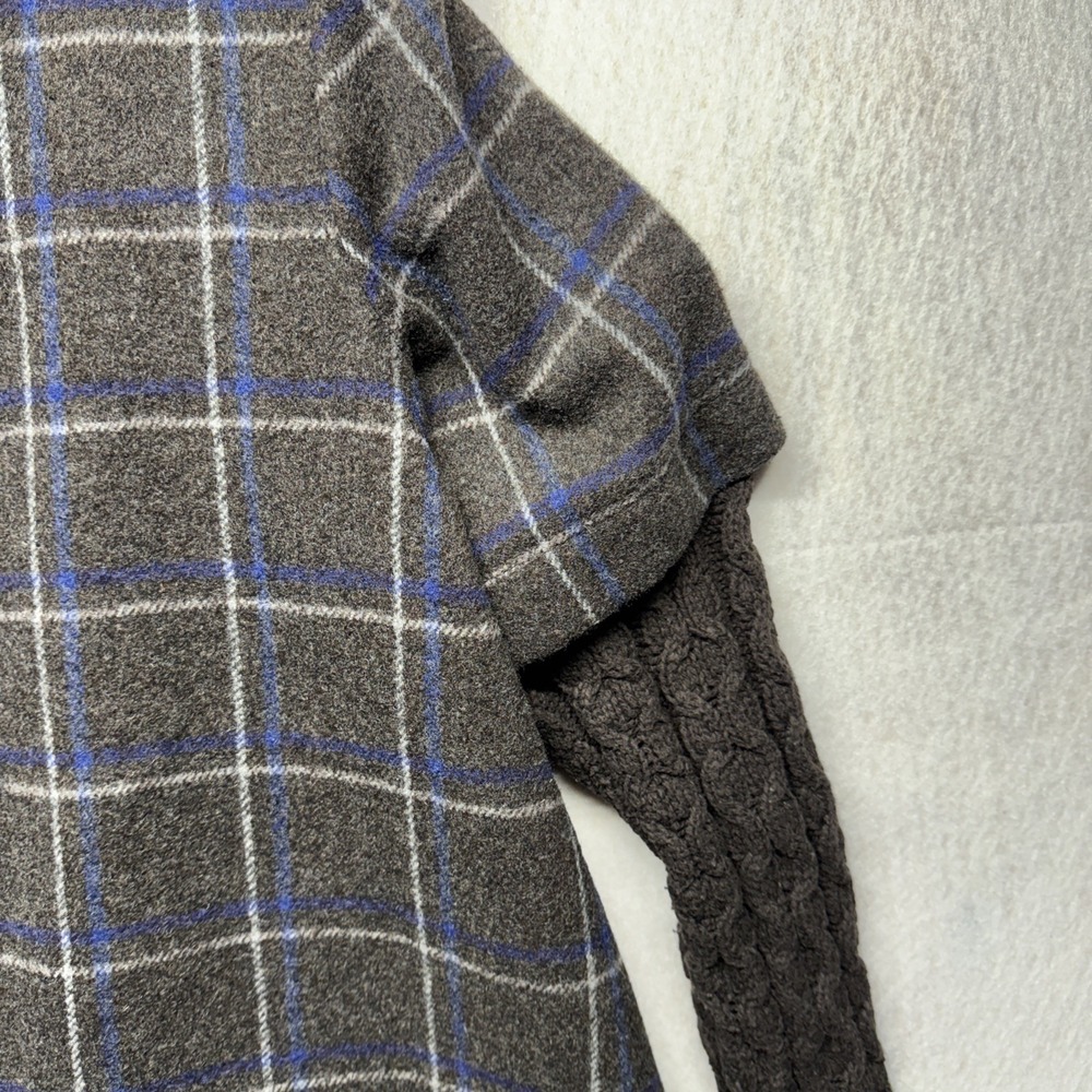 Anthropologie Idra Plaid Wool Blend Coat Cable Knit Sleeves Grey Blue Size 10 - Picture 8 of 16